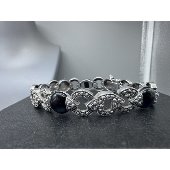 Marcasite & Onyx Art Deco Style 925 Sterling Link Bracelet - Picture 2 of 9